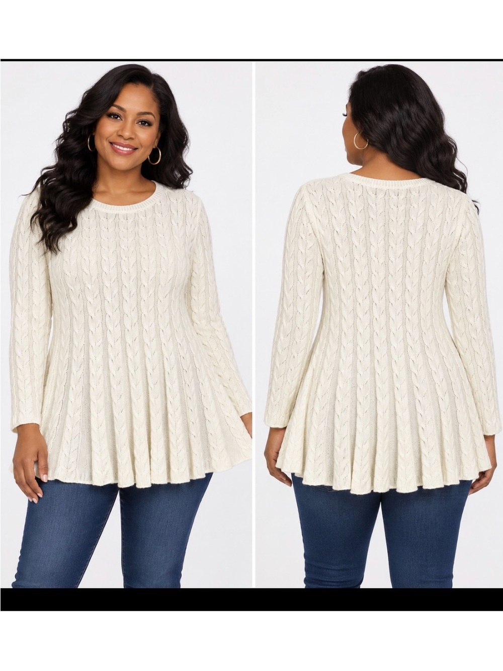 Women's Cream Cable Knit Swing Sweater - Classic Crewneck Sweater